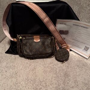 Louis Vuitton Brown Monogram Crossbody Bag with Pink Strap